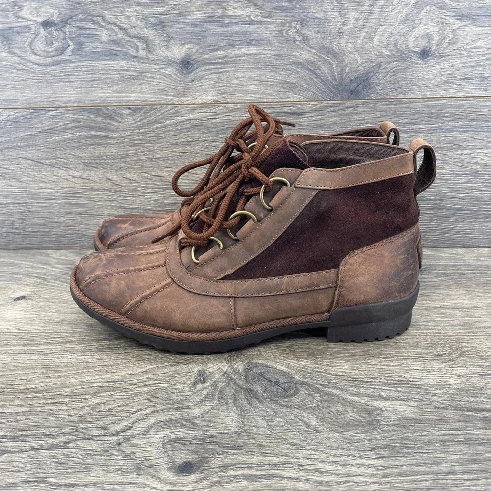 UGG Cecile Waterproof Duck Boots Womens 8 Brown Leather Suede Lace Up 1095156